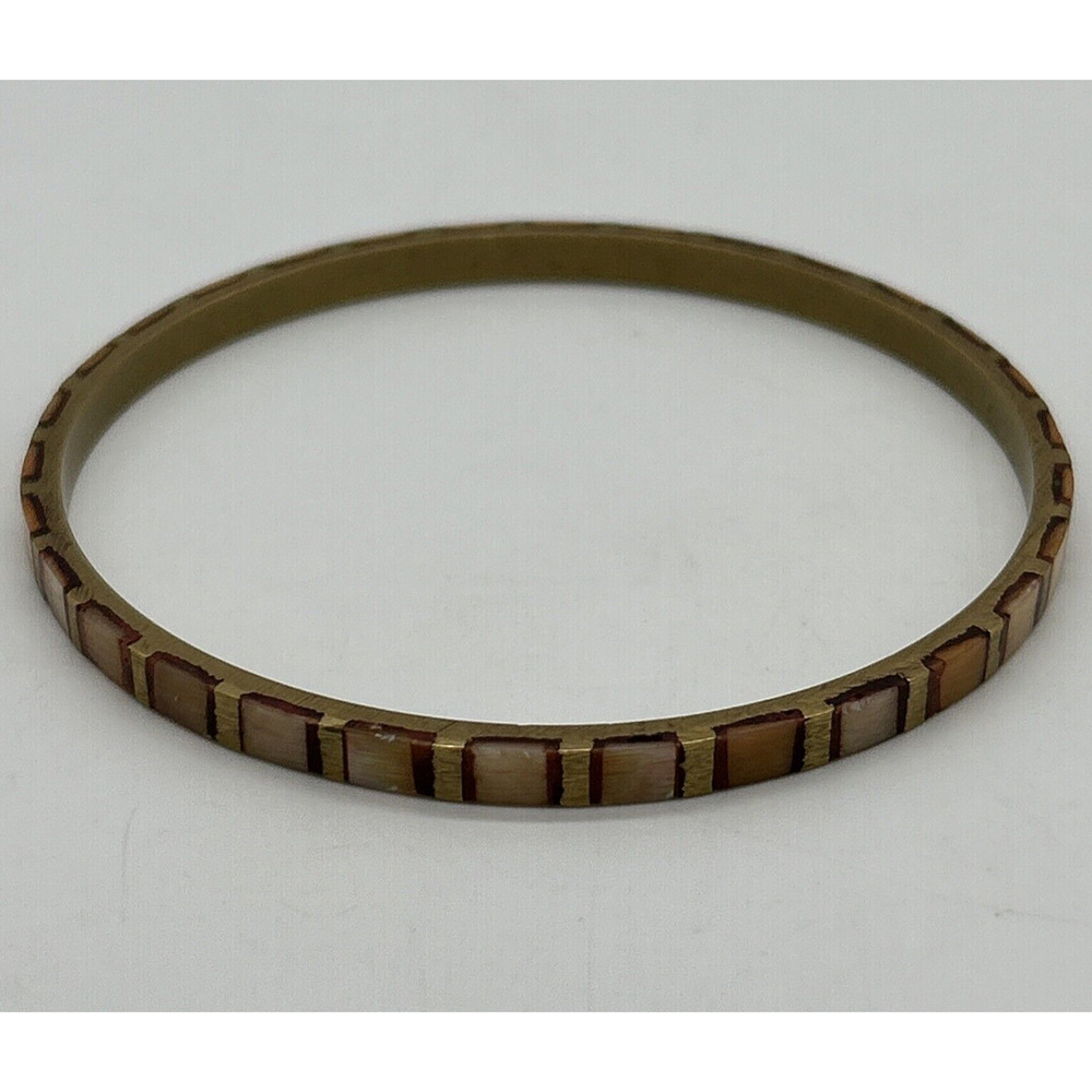Bangle Bracelet Brass Color With Pink Mother Of Pearl Inlay 3” In Diameter